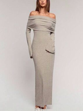 Off-Shoulder Long Knit Dress in Beige